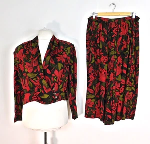 Vintage Red Green Poinsettia Floral Cropped Two Piece Suit Size 14/16 Festive - Picture 1 of 12