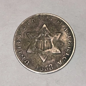 US Three 3 Cent Silver 1853 90% Silver COIN HIGHER GRADE F EF U_GRADE - Picture 1 of 2