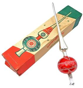 Vintage Shiny Brite Quecksilber Glas Deutschland Christbaumspitze rot silber 11" mit Box - Bild 1 von 12