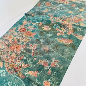 UnUsed Teal Undersea #A 14x42 Hand Painted Silk Chirimen Kimono Fabric CJ56 - Picture 1 of 7
