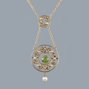 Edwardian 15ct Gold Peridot and Seed Pearl Garland Necklace – Antique circa 1910 - Picture 1 of 8