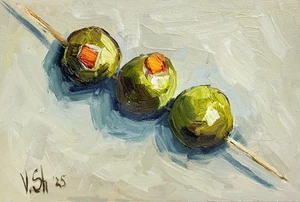 Original Ölgemälde Drei Oliven Impressionismus signiert Essen Küche Kunstwerk - Bild 1 von 7