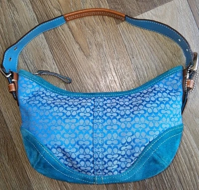 Vintage Y2K COACH 6351 Hobo Mini Signature OneShoulder Bag Blue Leather Canvas - Image 1 of 4