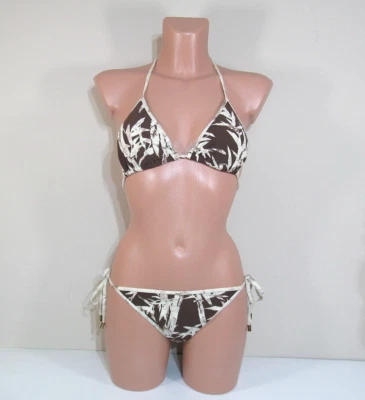 MICHAEL KORS P Bikini Swimsuit Cream Bamboo Pattern on Brown Gold Strap Accents - Image 1 of 4