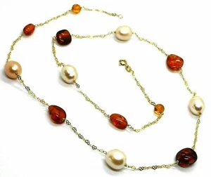 Collar de Oro Amarillo 18K, Jersey Con Corazones Y Gotas Ámbar Perla Rosa, 60 CM - Imagen 1 de 7
