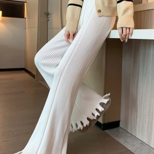 Women Long Knitted Trousers Elastic Waist Flared Pants Bell Bottom Raw Stretchy - Picture 1 of 15