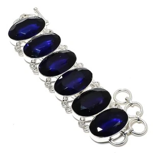 Faceted Blue Sapphire Gemstone 925 Sterling Silver Handmade Jewelry Bracelet - Picture 1 of 6