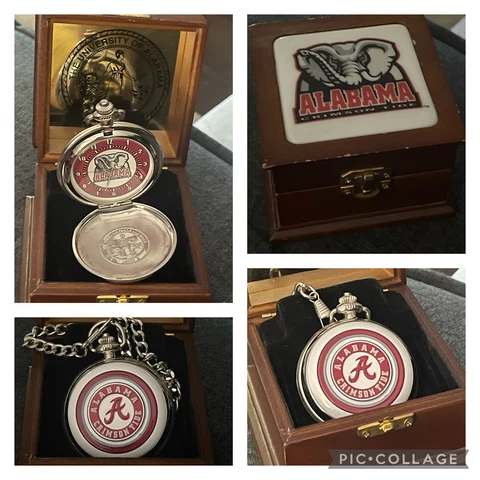 Danbury Mint NCAA Alabama Crimson Tide Pocket Watch w/Chain & Box Cover
