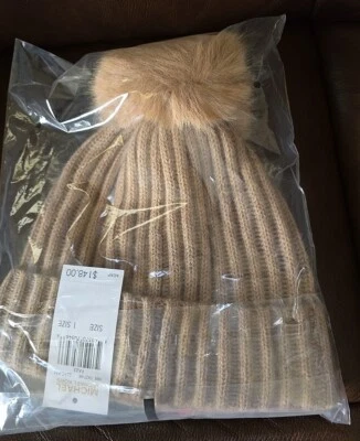 NUEVO CON ETIQUETAS MICHAEL KORS Gorro Acanalado CACHEMIRA con Pom Pom Talla Única Camel * $148 Foto 1 de 4