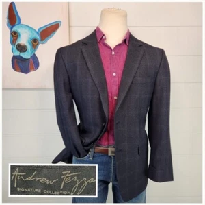 Andrew Fezza Signature Mens Two Button Blazer Gray Windowpane Cary Size 42S - Picture 1 of 18