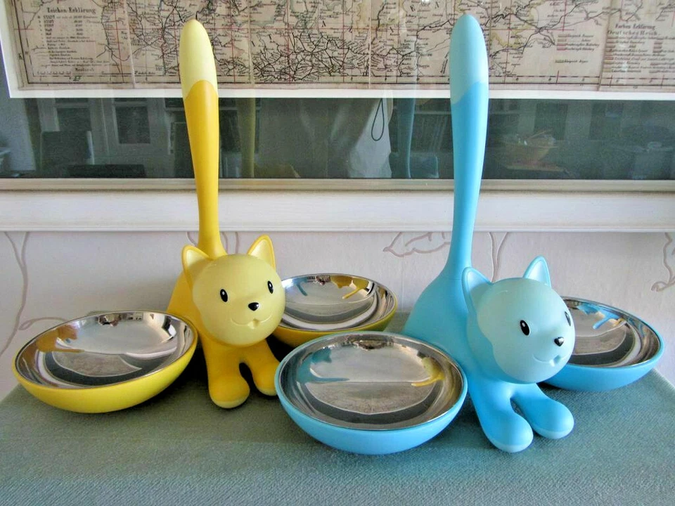 Alessi Tigrito MMI09, Gelb und Blau, 2 benutzte Fress-, Trink-, Näpfe für Katzen - Bild 1 von 4