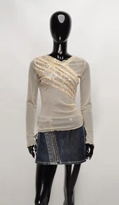 Top vintage Y2K maglia trasparente perline manica lunga fata civetta latte taglia S? - Foto 1 di 8