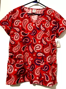 NEW SCRUB UNIFORM TOP MEDIUM SB SCRUBS Red, White, Blue Paisley NWT - Picture 1 of 8