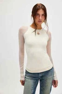 NEW FREE PEOPLE Sheer Mesh Scrunch Sleeve Seamless Slim Fit Top  Ivory XS/S - Picture 1 of 5