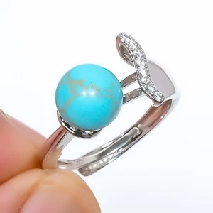 Anello Rame Blu Turchese Gemma Fatto a Mano Design Antico Misura Regolabile (7) - Foto 1 di 3