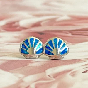 Blauer Opal massiv 925 Sterling Silber Muschel Ozean Ohrstecker - Bild 1 von 4
