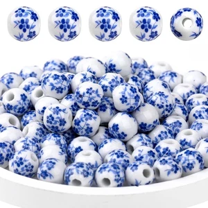 Ceramic Beads, 100Pcs Round Porcelain Beads 8 mm Blue Flower Printed Spacer B... - Picture 1 of 7
