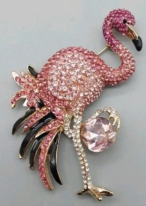 Beautiful Dazzling Pink Rhinestone Flamingo Brooch Pin 2 3/4" Long Bejeweled - Picture 1 of 2