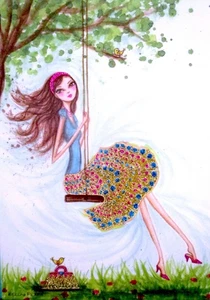 Papyrus Bella Pilar Glitter Girl on Swing Blank Any Occasion Greeting Card RARE - Picture 1 of 4