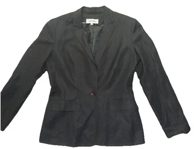 Calvin Klein 海军蓝亚麻西装外套女式 6 定制极简主义办公室学院 — 第 1/4 张图片