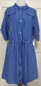 NWT LDT size 10 blue white plaid short sleeve button up dress $189 - Picture 1 of 10