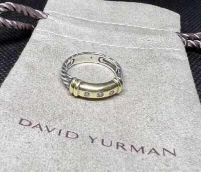 David Yurman Metro Cable Silver 14k Gold 3 Diamond Band Ring Size 5.75 - Image 1 of 4