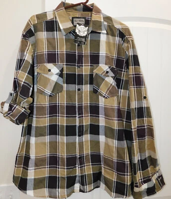 Old Skool BROWN BEIGE PLAID Button front Long sleeve young men's shirt XXL NWT - Image 1 of 4