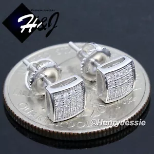 MEN WOMEN SOLID 925 STERLING SILVER ICY BLING CZ 6MM 3D SQUARE STUD EARRING*E131 - Picture 1 of 3