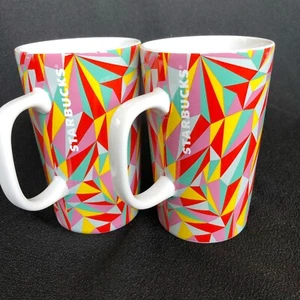Set of 2 - STARBUCKS Coffee Tall 12 oz White Cup Mug Geometric Multi-Color NEW - Picture 1 of 8