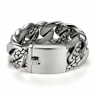 Pulsera ancha plateada con cadena serpentina de acero inoxidable pesada para hombre Foto 1 de 4