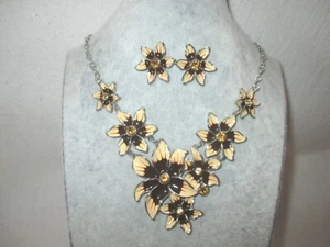 Halskette, Collier, Schmuck-Set, Blumen, rhodium-braun-caramel, mit Strass  - Bild 1 von 1