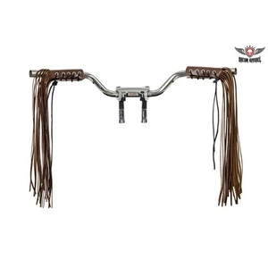 Two-Tone Brown Leather Handlebar Covers with Quality Hand Cut Fringe - Picture 1 of 5