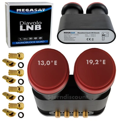 Megasat Monoblock Quad LNB 0,1db Astra + Hotbird Digital Full HDTV SAT Doppel TV - Bild 1 von 4