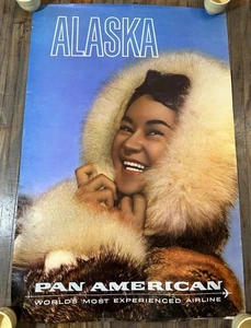 Vintage 60er 70er Jahre Alaska Pan American Airline Poster Eskimo - Bild 1 von 10