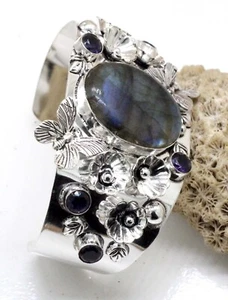 925 Sterling Silver Labradorite & Amethyst Gemstone Jewellery Cuff Bracelet S-AJ - Picture 1 of 7