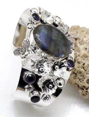 925 Sterling Silver Labradorite & Amethyst Gemstone Jewellery Cuff Bracelet S-AJ - Image 1 of 4