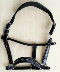 RSI Leather Halter Diamond Beaded Black Halter Doubled Stitched Rolled Check - Picture 1 of 2