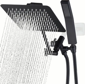 Black All Metal Square Shower Head Combo 8" Rain Shower Head | Handheld Shower - Picture 1 of 8