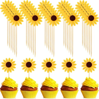 60 peças de enfeite de cupcake de girassol palitos de bolo de flores amarelas palito de girassol - Imagem 1 de 4