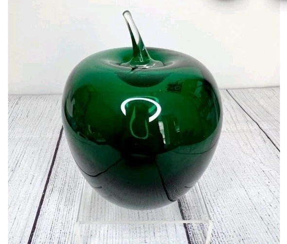 Blenko Hand Blown Glass Weighted Green Apple Paperweight W/ Clear Stem 5 1/2” T - Image 1 of 2