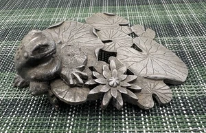 Vintage Metzke Pewter Lid With Designed 3D Frog On Lily Pads - 1971 - Picture 1 of 6