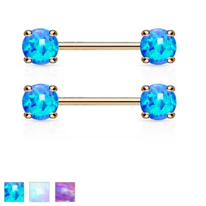 Pair of Opal 14K Rose Gold Plated Surgical Steel Barbell Nipple Rings 14G - Picture 1 of 2