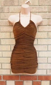 MOTEL ROCKS BRONZE GOLD GLITTER RUCHED HALTER NECK BODYCON MINI PARTY DRESS 4 6 - Picture 1 of 7