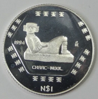 1994 Mexico PROOF Chaac-Mool N$1 1/4oz 999 Silver Low Mintage! KM# 572 - Image 1 of 4