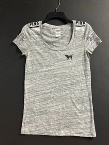 Victoria Secret PINK Black Dog T-Shirt Sz S/P Silver Sequins - Picture 1 of 6