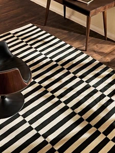 Striped Wool Rug Black/White Stripes Modern Handmade Rug Kilim Boho Living Room - Picture 1 of 7