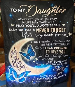 Mom To Daughter - I Love You To The Moon And Back Blue Butterfly Blanket - Picture 1 of 2