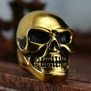 Men's Huge Heavy Skull 316L Stainless Steel Biker Ring USA Size 7-15 Gold Plated - Picture 1 of 8