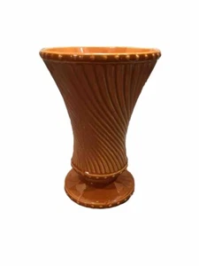Vtg McCoy Swirl Line Mid Century Modern Pottery Orange Vase Beeded Footed - Picture 1 of 6