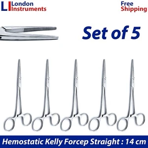 Hemostatic Kelly Forceps Clamps Locking Pliers Halsted Lab Tools 14 cm Set of 5 - Picture 1 of 8